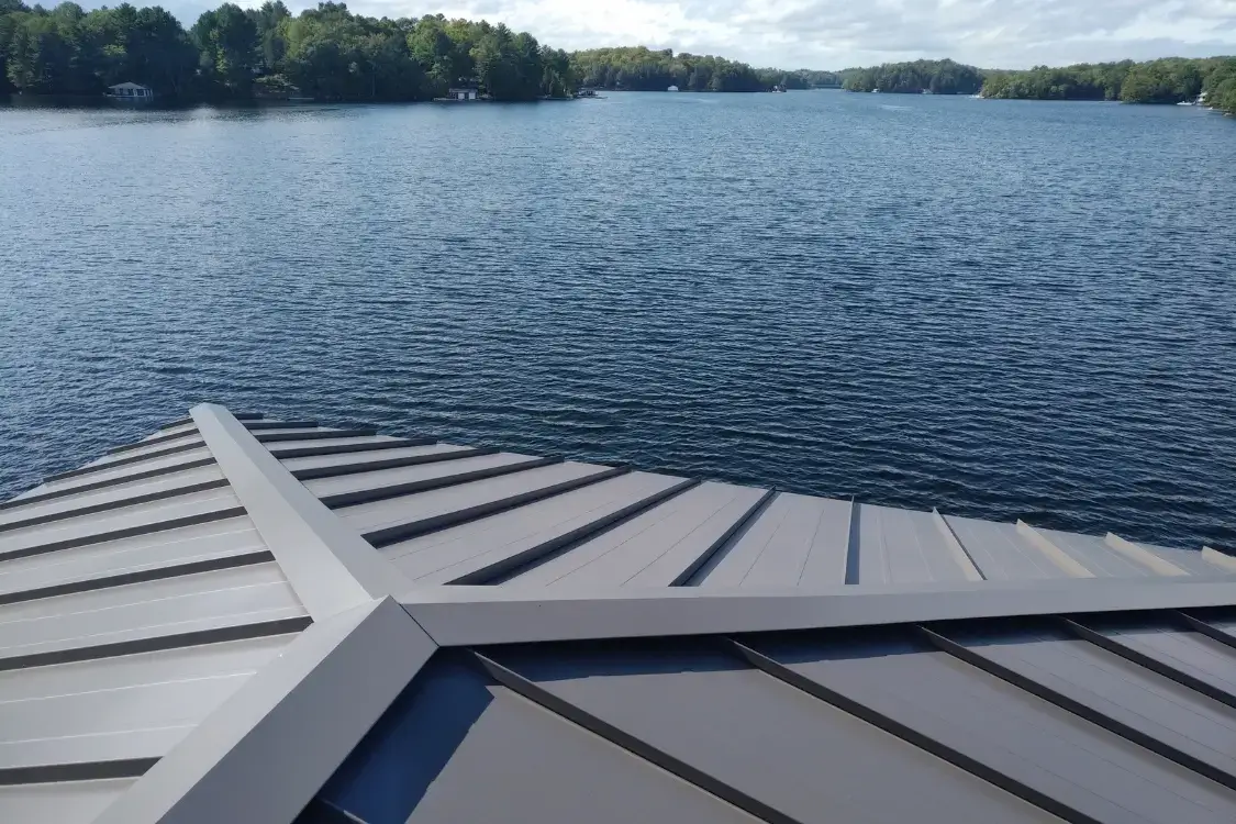 photo of standing seam roof overlooking lake, on lake Hamilton, Arkansas